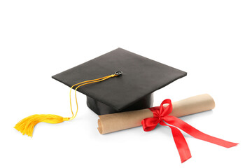 Wall Mural - Graduation hat and diploma on white background