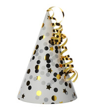 Bright Party Hat With Streamers Isolated On White. Festive Accessory