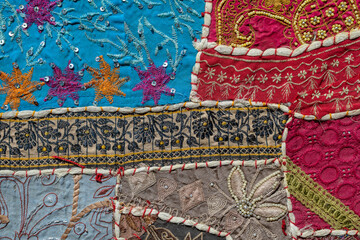 Wall Mural - Detail old colorful patchwork carpet in India. Close up