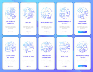 Public services with digital technology onboarding mobile app page screen set. Tech walkthrough 5 steps graphic instructions with concepts. UI, UX, GUI vector template with linear color illustrations