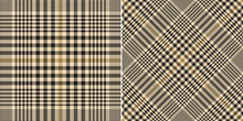 Glen Check Plaid Pattern Set For Autumn Winter. Seamless Tweed Tartan Plaid Large Neutral Vector In Gold Brown, Beige, Black For Dress, Jacket, Trousers, Blanket, Other Modern Fashion Textile Print.