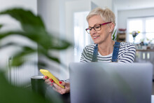 Smiling Mature Businesswoman Using Smart Phone At Home Office