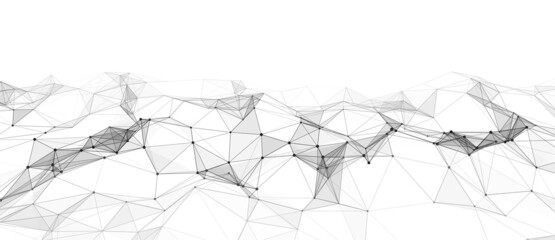Abstract technology wave of particles. Big data visualization. Vector background with motion dots and lines. Artificial intelligence.