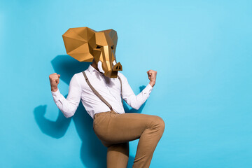 Canvas Print - Photo of wacky lucky guy dressed wild animal mask rising fists empty space isolated blue color background