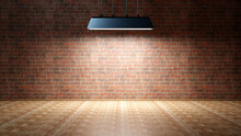 Three Dimensional Render Of Light Fixture Hanging In Empty Room With Brick Wall