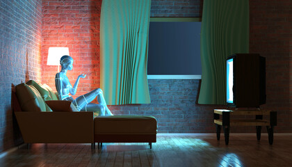Three dimensional render of gynoid watching TV in living room