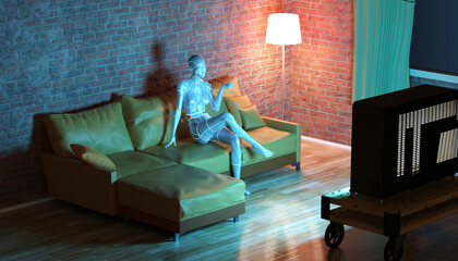 Three dimensional render of gynoid watching TV in living room