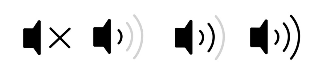 Poster - An icon that increases and reduces the sound. Icon showing the mute. A set of sound icons with different signal levels in a flat style. Vector icon.