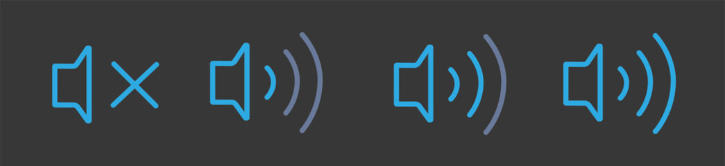 Poster - An icon that increases and reduces the sound. Icon showing the mute. A set of sound icons with different signal levels in a flat style. Vector line icon.