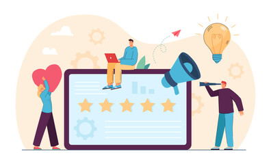 Company people studying analytics and customer feedback. SEO management, digital marketing flat vector illustration. Brand reputation, social media concept for banner, website design or landing page