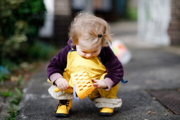 Wall Mural - Cute adorable toddler girl playing with sand and shovel on spring day. Baby child wearing yellow boots and mud rain puddle pants. Happy girl planting vegetables in spring.