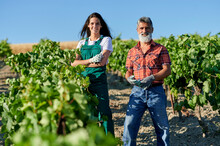 Smiling Male And Female Farmers Standing At Vineyard