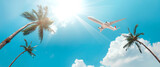 Blue sky with coconut trees, The airplane is going to the tropical sea beach. for sightseeing and relaxing in the summer holidays.