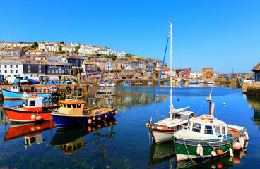 Poster - Mevagissey Cornwall fishing boats in harbour colourful English coast scene