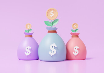 Three Bag icon with money tree coin dollar on purple background Business profit investment concept, Finance education, savings, growth. cartoon minimal. 3d render illustration