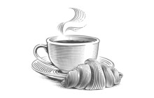 Croissant Coffee Cup Hand-drawn Drawing Crispy Engraving Retro Style