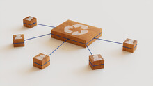 Eco Technology Concept With Recycle Symbol On A Wooden Block. User Network Connections Are Represented With Blue String. White Background. 3D Render.