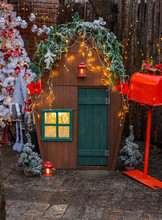 Wooden Kids Christmas House, Santa's Mailbox, Christmas Tree, Gnome, Outdoors. Christmas Fabulous Photo Zone For Children And Families.