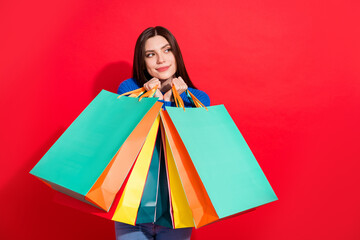 Sticker - Photo of cheerful young nice attractive woman look empty space hold sale bags isolated on red color background