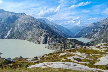  Reservoirs on the Grimsel Pass in Switzerland. The Grimsel Pass connects the Swiss cantons of Bern and Wallis and is a watershed between the North Sea and the Mediterranean See