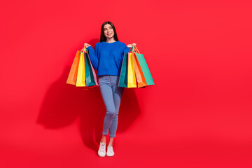 Sticker - Full size photo of dreamy young charming woman look empty space hold bags isolated on red color background