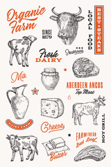 Wall Mural - Organic farm hand drawn symbols and illustrations with typography compositions. Dairy and meat slhouette signs with cows, beef steaks, cheese and milk collection Butchery design elements set