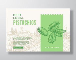 Wall Mural - Fresh Local Pistachios Food Label Template. Abstract Vector Packaging Design Layout. Modern Typography Banner with Hand Drawn Nuts and Rural Landscape Background. Isolated