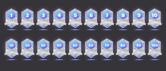 Futuristic badges with level number and experience points for game ui design. Vector cartoon icons of blue labels with rank and xp in sci fi style isolated on background