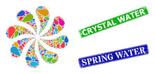 Water Drop Icon Multi Colored Swirl Spin Petals Fireworks Composition, And Grunge Crystal Water Stamp Seal. Blue Spring Water And Green Crystal Water Rectangle Grunge Seal Stamps.