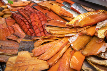 Various smoked fish products. Healthy eating and fish market concept