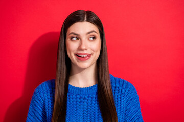 Poster - Photo portrait brunette licking lips hungry looking empty space isolated on vibrant red color background