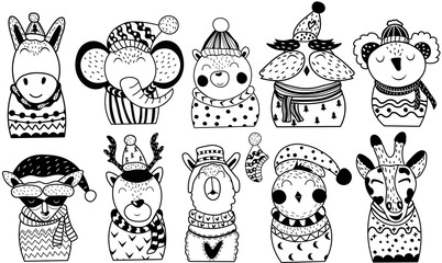 Black and white Cute Christmas Animals: bear, tiger, Koala, deer, owl, lama, raccoon, giraffe and other. Cozy Cartoon character set. Concept Christmas and New Year. Vector illustration.