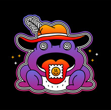 Funny Trippy Psychedelic Frog With Acid Lsd Mark On Tongue. Vector Hand Drawn Line Cartoon Character Illustration. Trippy Psychedelic Frog,toad Print For T-shirt, Poster,sticker,cover,card Concept