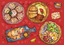 Hand Drawn Line Vector Illustration Food. Top View. Doodle Dishes Collection: Caprese, Sausages In Dough, Khinkali, Bread, Cobb Salad, Puree, Rice, Lemon
