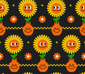 Wall Mural - Cute funny kawaii smile face flower in vase semless pattern.Vector cartoon kawaii character illustration design.Positive vintage smile face,chamomile flower,garden seamless pattern concept