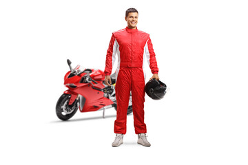 Sticker - Full length portrait of a racer with a red motorbike holding a helmet