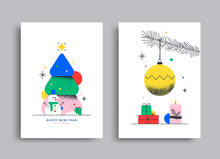 New Year And Christmas Greeting Card Design. Vector Illustrations For Holiday Graphic With Christmas Tree, Ball, Snowman.