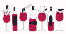 Trendy Female Characters Swimming Jumping Into The Glass Of Red Wine. Wine Lovers Women Concept. Doodle Illustration Of Bottles Of Wine And Wineglass. Isolated Hand Drawn Print Design.