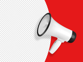 Vector Sale, Announcement, Hot News Banner Design Template with 3d Realistic White Megaphone and Speech Bubble on Red Background. Shopping, Discount Background. Big Sale Special Offer Concept