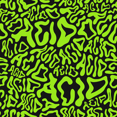 Deformed wavy acid word and melt smile face seamless pattern wallpaper.Vector graphic character illustration.Smile faces melt,lsd,surreal,acid,trippy lettering seamless pattern wallpaper print concept