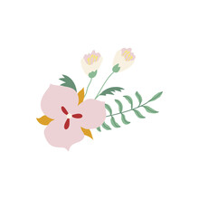Small Floral Bouquet Hand Drawn Flat Illustration. Head Of Pink Flower With Branches With Leaves And Bell Flowers. Vector Isolated On White Background. 