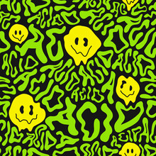 Deformed Wavy Acid Word And Melt Smile Face Seamless Pattern Wallpaper.Vector Graphic Character Illustration.Smile Faces Melt,lsd,surreal,acid,trippy Lettering Seamless Pattern Wallpaper Print Concept