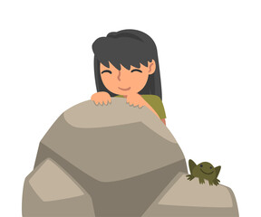 Wall Mural - Little Girl Playing Hide and Seek Concealing Behind Boulder Vector Illustration