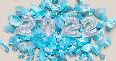 3d rendering. New year 2022 date of light pink ice among blue ice shards on isolated light background.