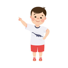 Poster - Funny Boy Pointing at Something with Extending Hand and Index Finger Vector Illustration