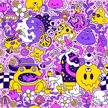 Psychedelic Trippy Seamless Pattern.Mushroom,magic Wizard Smoking,melt Smile Face.Vector Cartoon Character Illustration Design.Trippy 60s,70s,magic Mushroom,acid,cannabis Seamless Pattern Art Concept