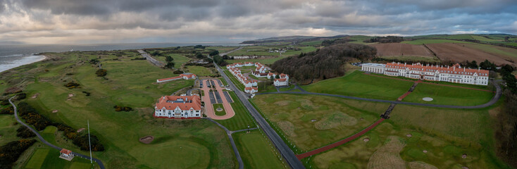 Turnberry in Ayrshire Scotland. Aerial view looking over the old airfield and sea