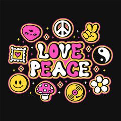 Hippie groovy 60s style t-shirt print. Love peace quote slogan.Vector hand drawn trendy cartoon character illustration. Hippie,groovy,60s,70s bundle print for t-shirt,poster,card, sticker set concept