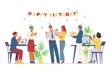 Business team celebrates colleague's birthday in the office