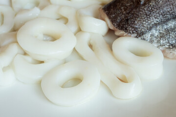 A piece of fresh hake with squid on the background on a white plate. Healthy cooking and fish.